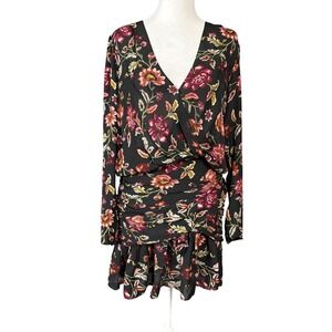 A.L.C. Dress Womens 6 Black Floral Silk Long Sleeve Wrap Ruched Ruffle Hem Mini